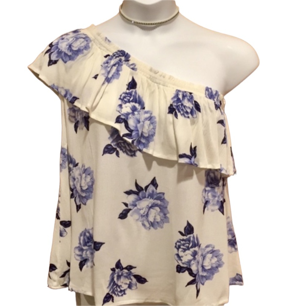 Blu Pepper Asymmetrical White & Blue Floral One Shoulder Ruffle Top Large